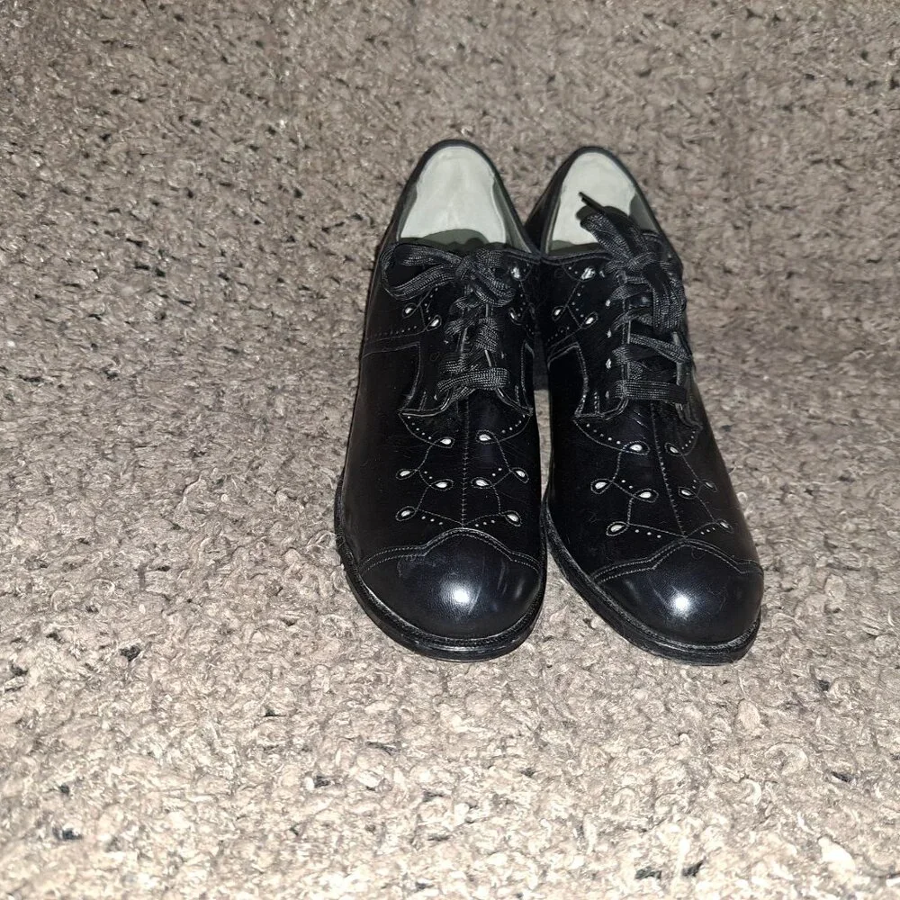 1940's Vintage-DR. SCHOLL'S-Black Leather Granny Heels-Cut-Outs-Sz 7-Near Mint - Picture 3 of 8
